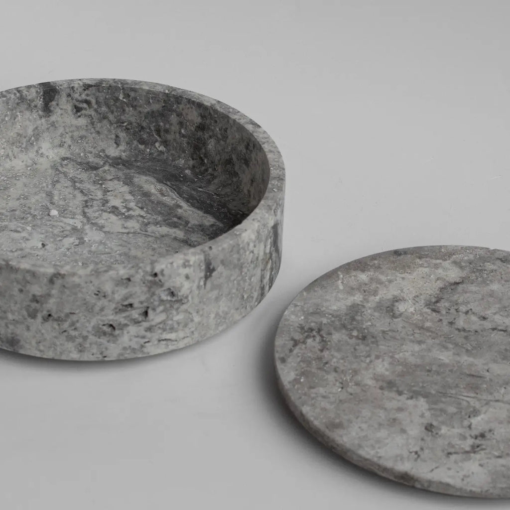 Silver Travertine Cylinder Bowl with Lid