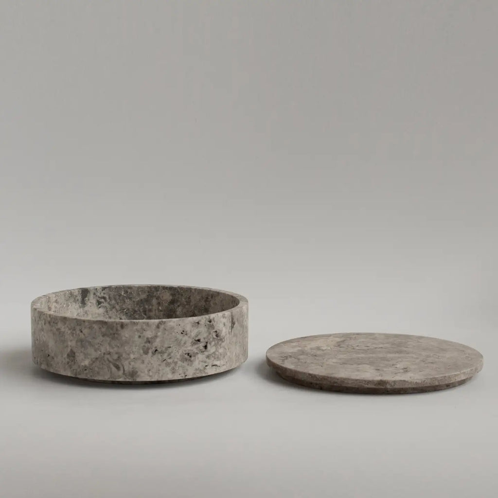 Silver Travertine Cylinder Bowl with Lid